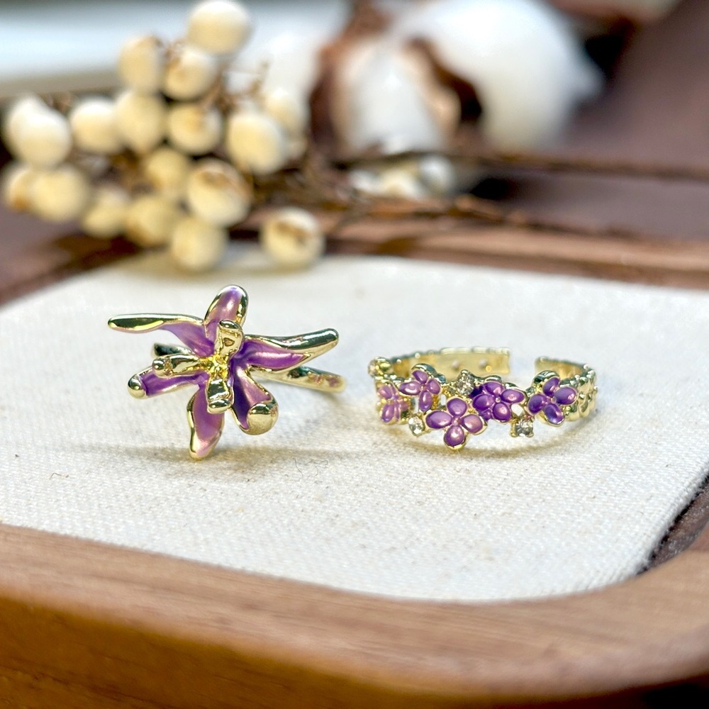 Purple and Gold Floral Ring Set